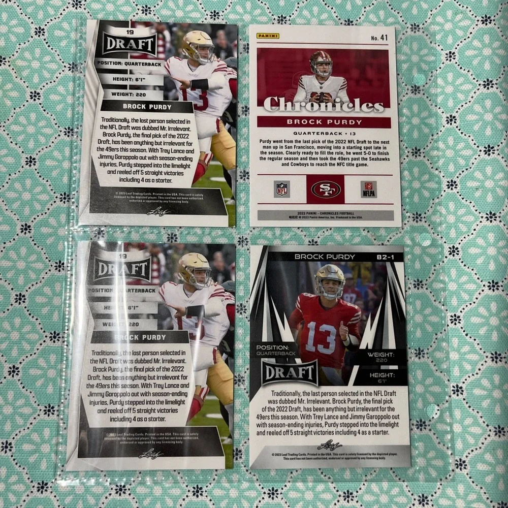 ⭐️🏈 Brock Purdy, NFL Football Sports Trading Cards, Set of 4 (ST4)